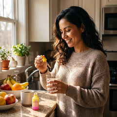 Mujer latina tomando las gotas Livana en su cocina