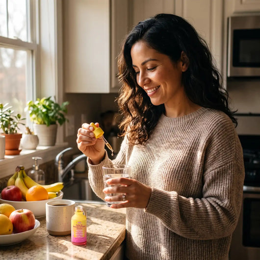 Mujer latina tomando las gotas Livana en su cocina